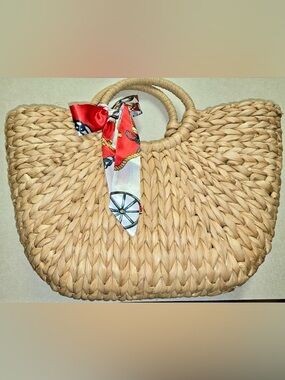 Woven Straw Circle-Handle Tote with Red Scarf Accent
